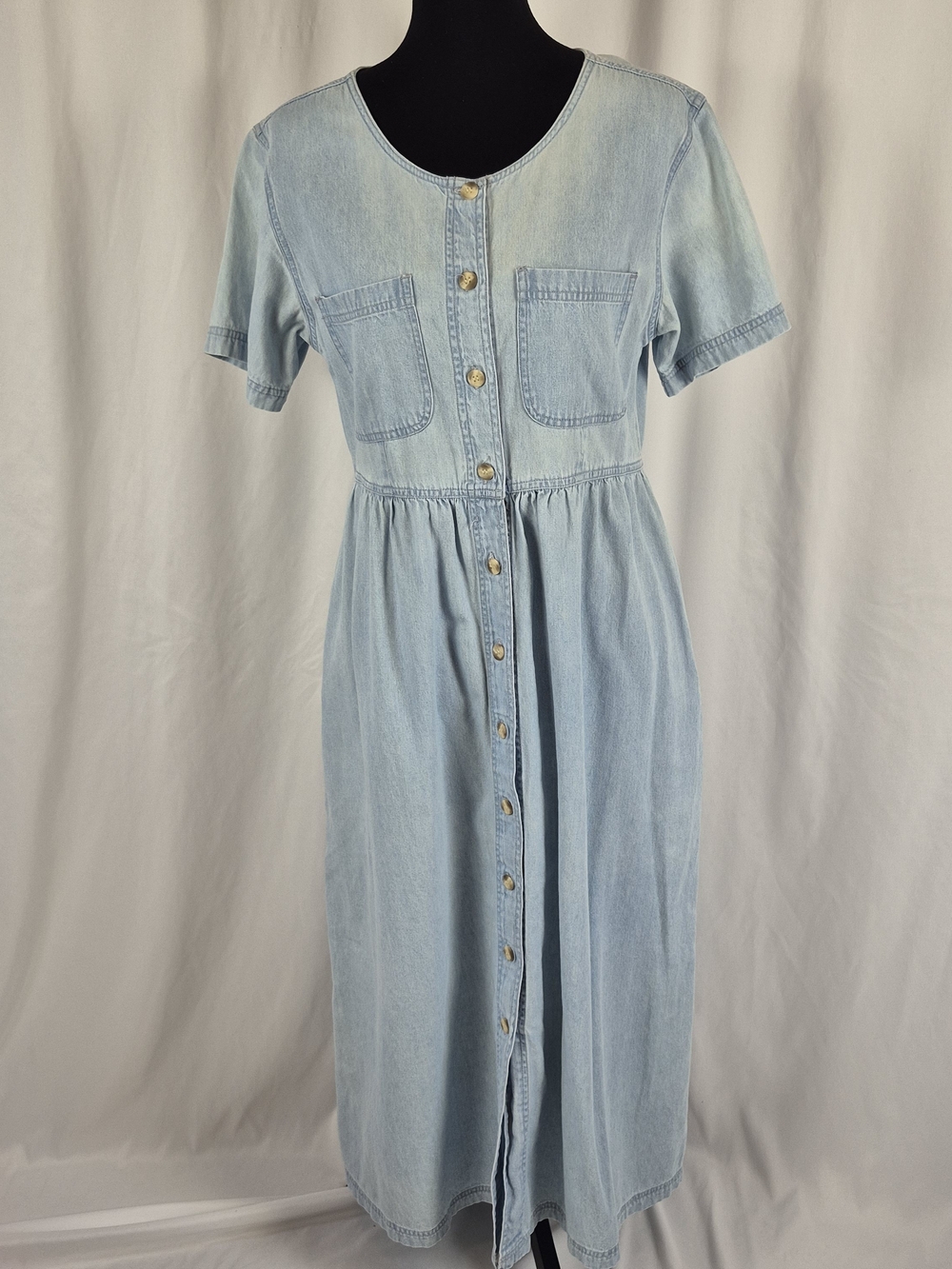 FADS Vintage 90s Chambray Short Sleeve Button-Front Midi Dress - Size M